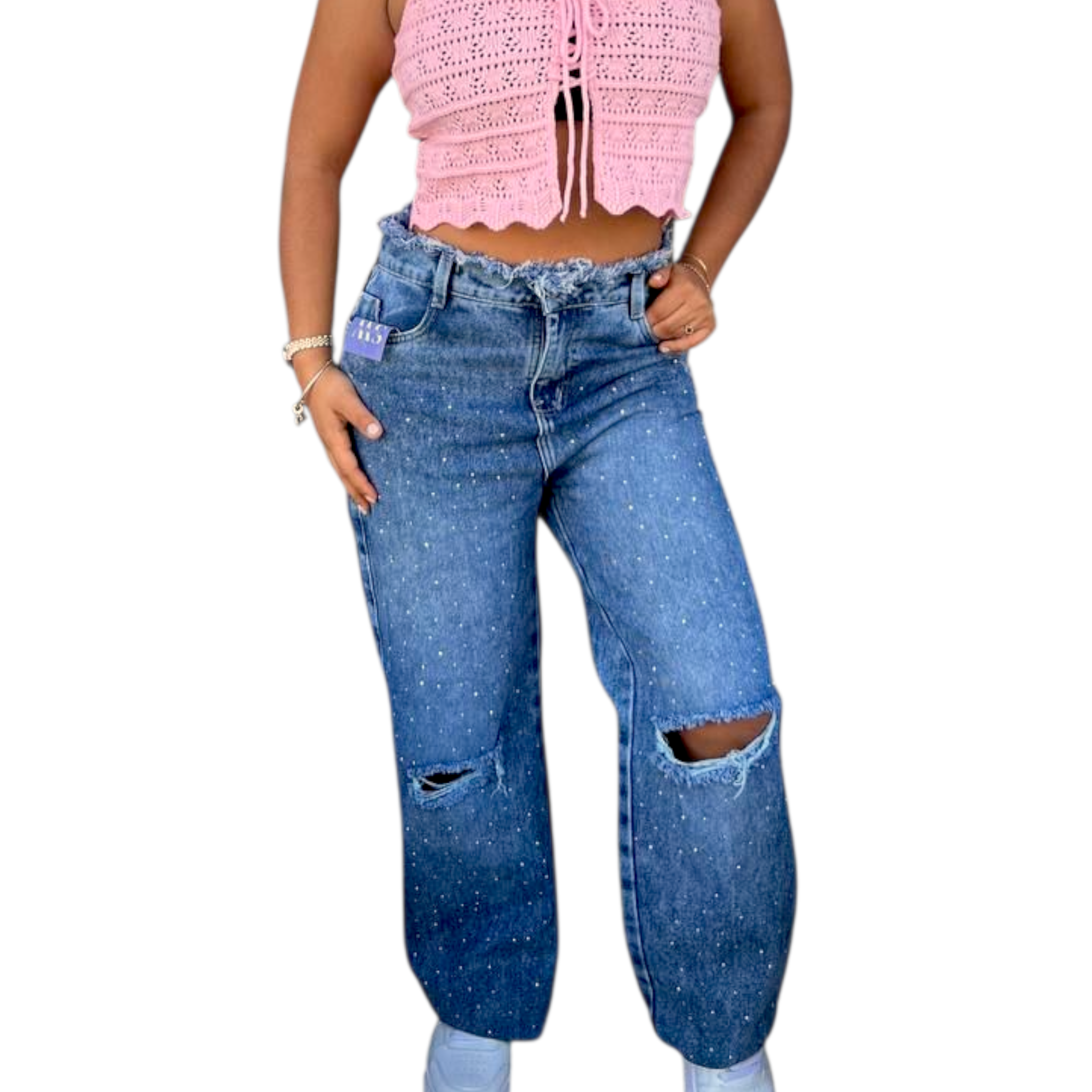 pantalon con desgaste y brillos claro