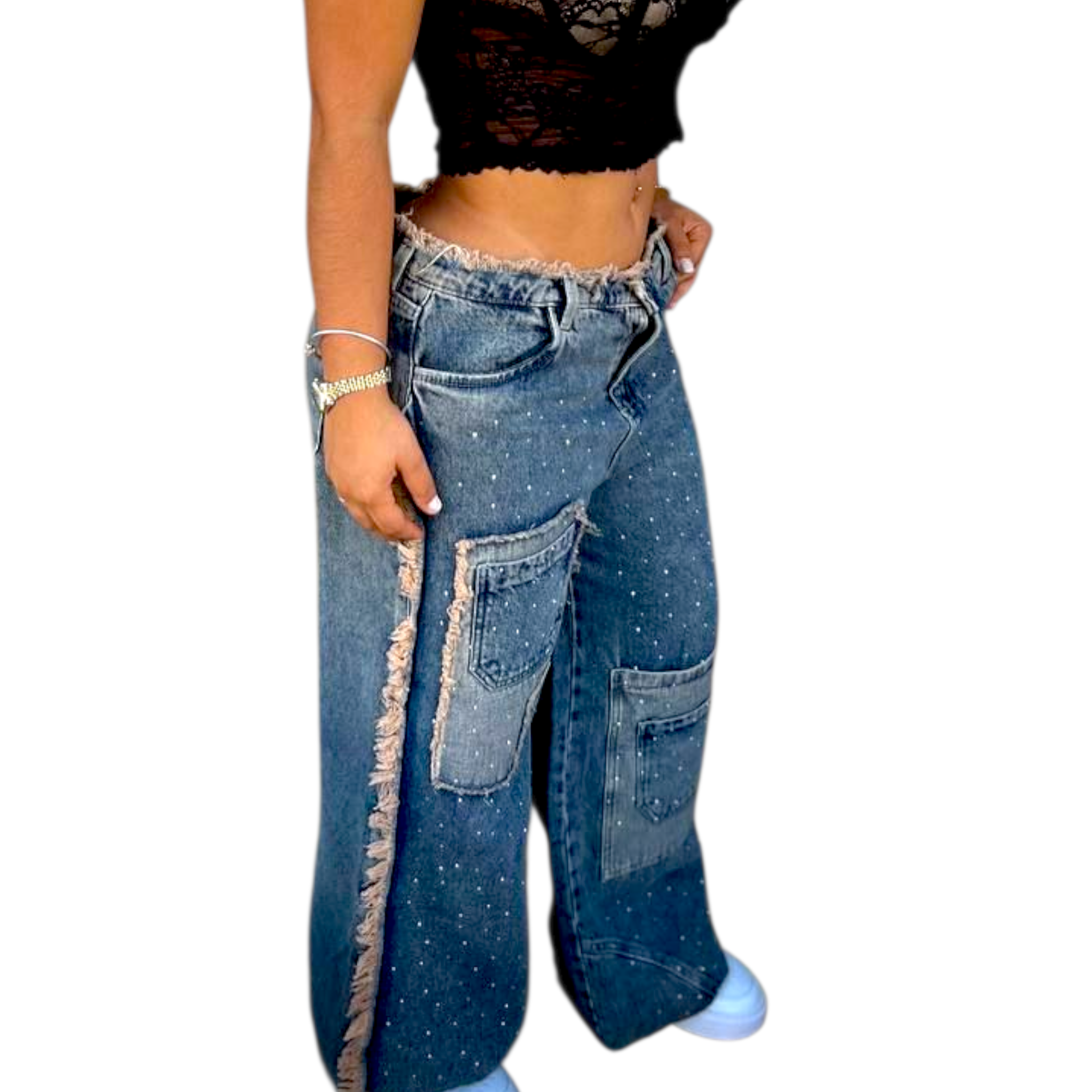 pantalon de brillos con desgaste